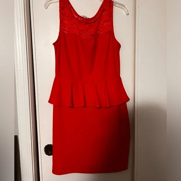 Coral Colored Lace Peplum Dress - Picture 2 of 5